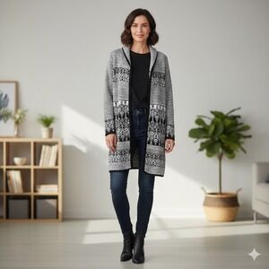 Christopher & Banks Womens Size XL Fair Isle Cardigan Sweater Gray Black Long